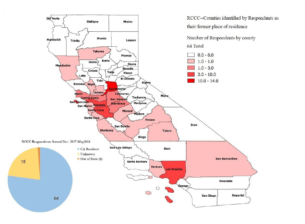 A map shows the counties where Rio Cosumnes Correctional Center (RCCC) inmates had lived before their time at RCCC. This data was used to justify keeping certain members close to the Bay Area, where the individuals had established strong family ties. 