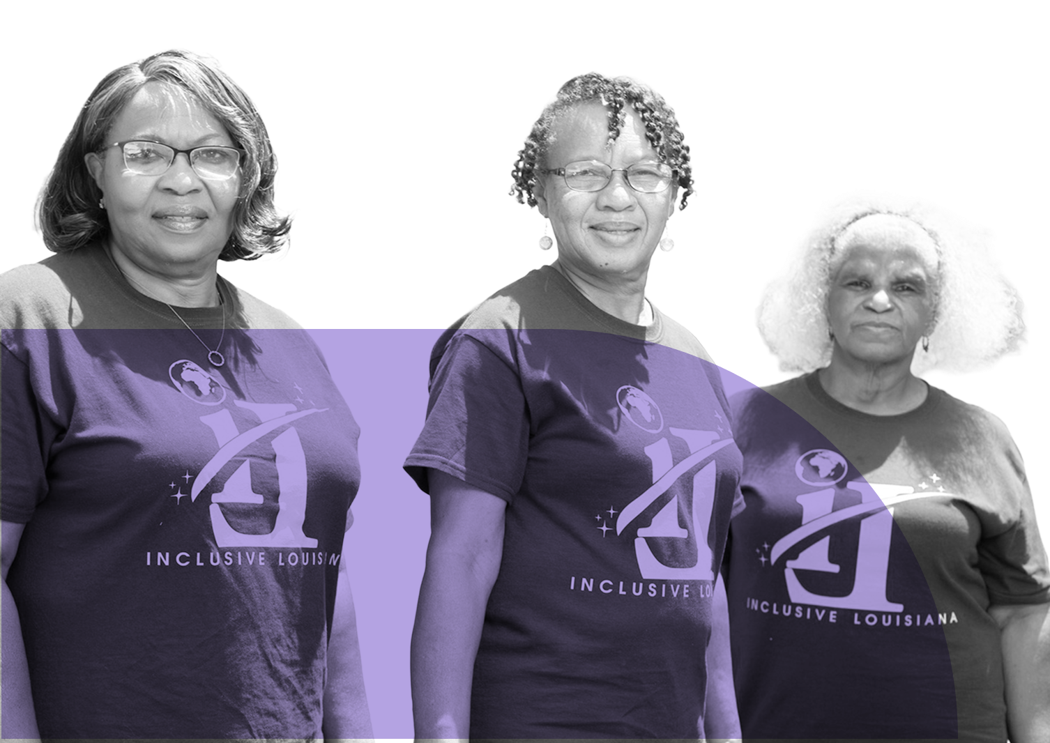 Three older Black women wearing Inclusive Louisiana shirts, representing grassroots leadership and community advocacy for environmental justice.