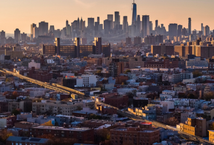Aerial remote view on Downtown Manhattan over the residential district of Bushwick, Brooklyn, New York, USA.