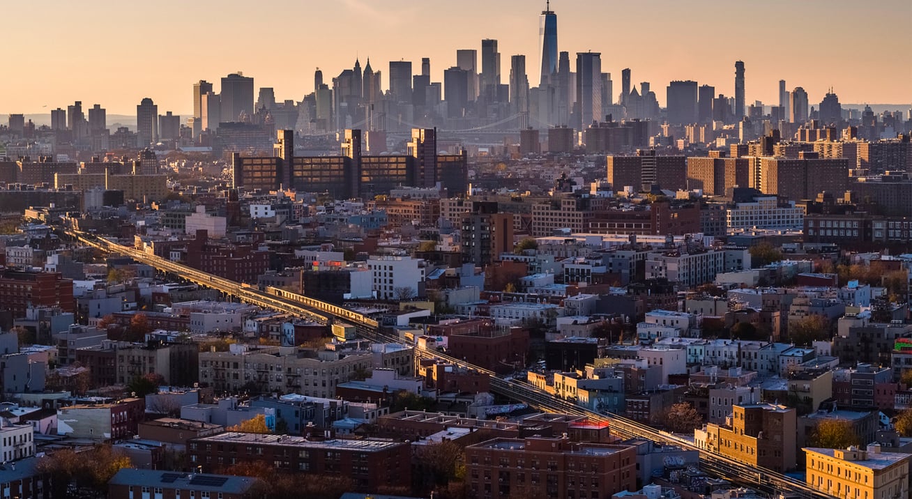 Aerial remote view on Downtown Manhattan over the residential district of Bushwick, Brooklyn, New York, USA.